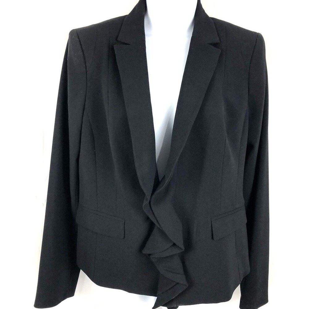 Anne Klein Blazer Womens 8 Black Notch Collar Ruffle‎ Hidden Zipper Shoulder Pad